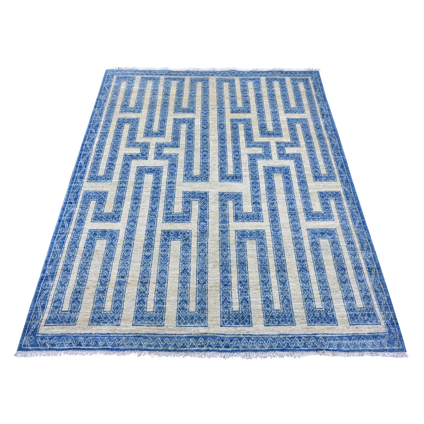 5'x6' Bayern Blue, Fine Peshawar with Intricate Geometric Motifs Maze Design, Dense Weave, Soft and Shiny Wool, Hand Knotted, Oriental Rug 
